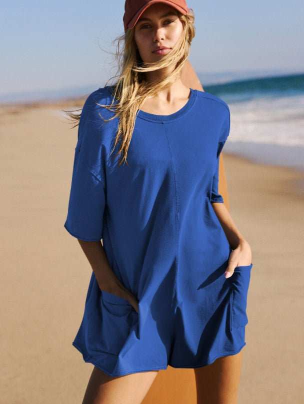 Women's Loose Short - sleeved Shorts Jumpsuit Summer Casual Backless Beach Overall Pants With Pockets - AMIR BAGS INDIA PRIVATE LIMITED
