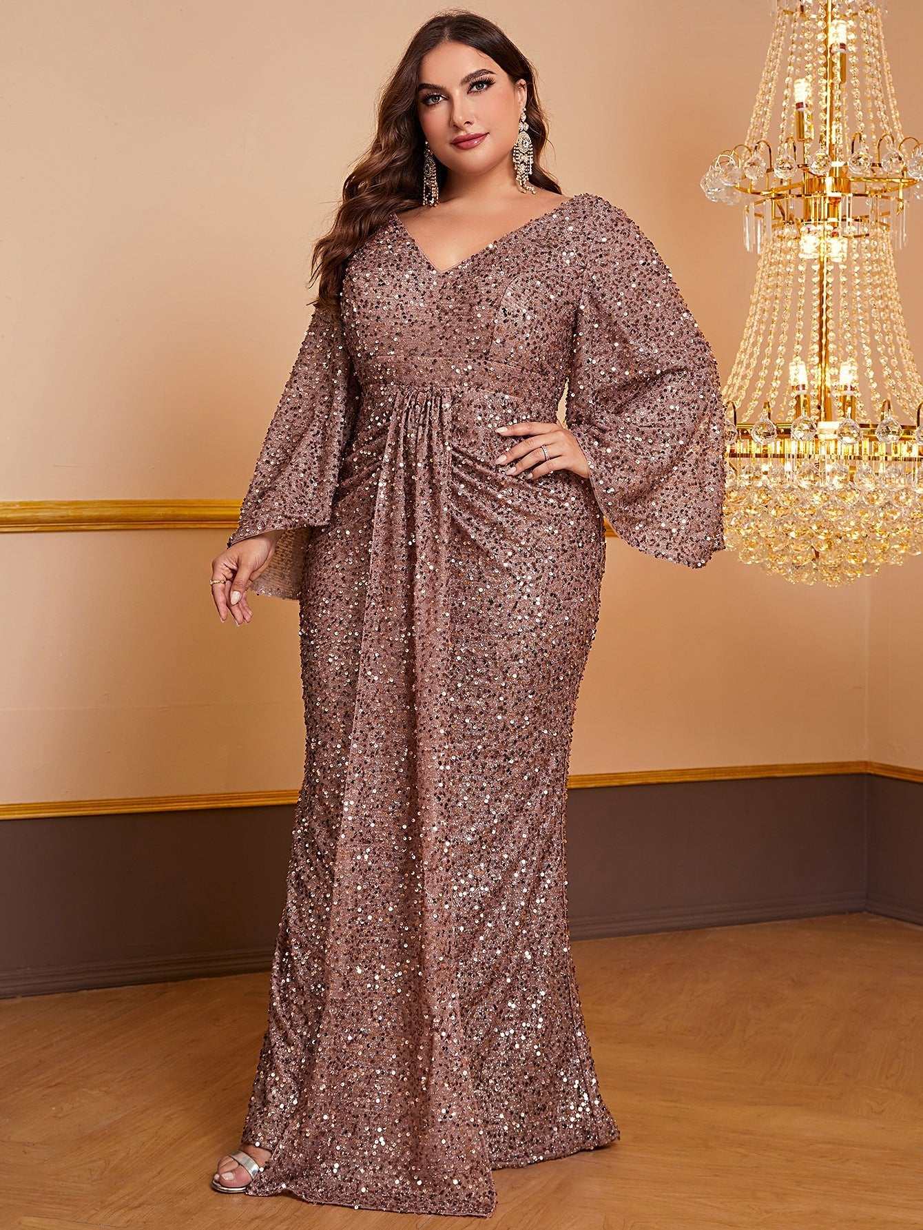 Women's Sequin Long Sleeved V - neck Pleated Dress - AMIR BAGS INDIA PRIVATE LIMITED