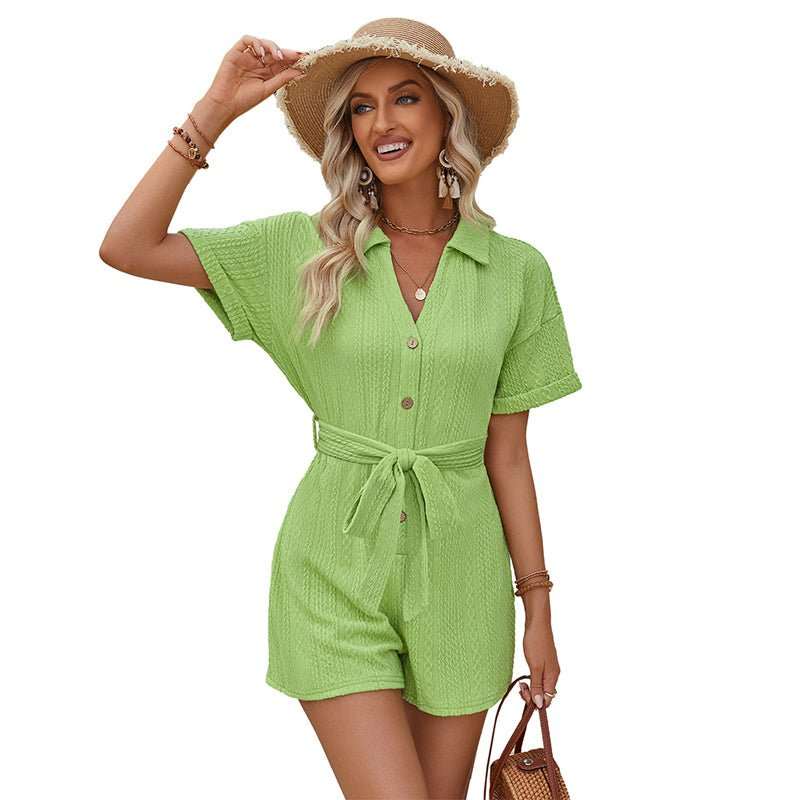 Women's Short - sleeved Shorts Jumpsuit Lace - up Turn - down Collar Solid Color Clothing Summer - AMIR BAGS INDIA PRIVATE LIMITED