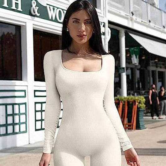 Women's Yoga Sports Fitness Jumpsuit Workout Long Sleeve Square Collar Clothing - AMIR BAGS INDIA PRIVATE LIMITED