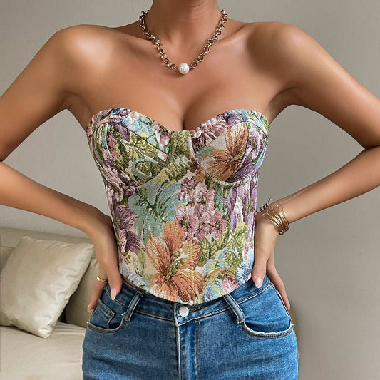 Y2K Floral Print Tube Vest Top With Back - tied Design INS Fashion Crop Corset Tank For Women Clothing - AMIR BAGS INDIA PRIVATE LIMITED
