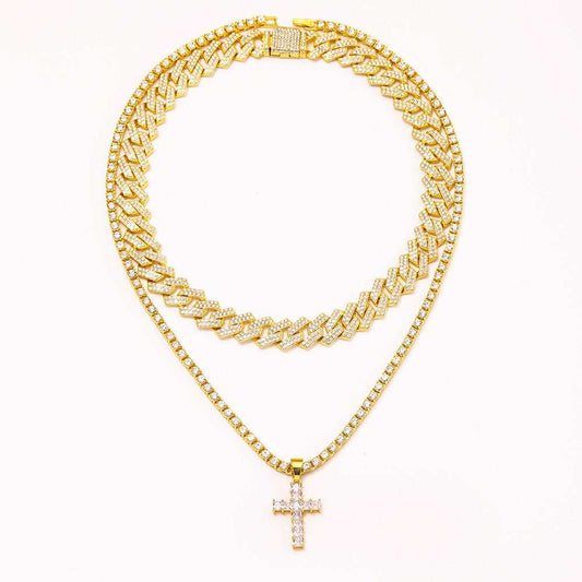 Zircon Cross Pendant Necklace Hip Hop Full Miami Curb Cuban Chain Iced Out Paved Rhinestones Bling Rapper Necklaces For Men Men's And Women's Clavicle Chain Jewelry - AMIR BAGS INDIA PRIVATE LIMITED